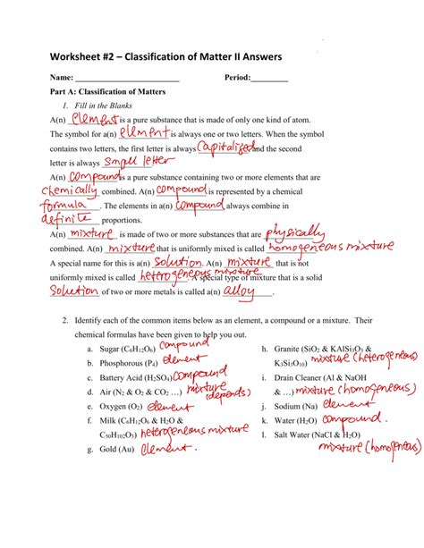 chemistry 1 worksheet classification of matter and changes quizlet
